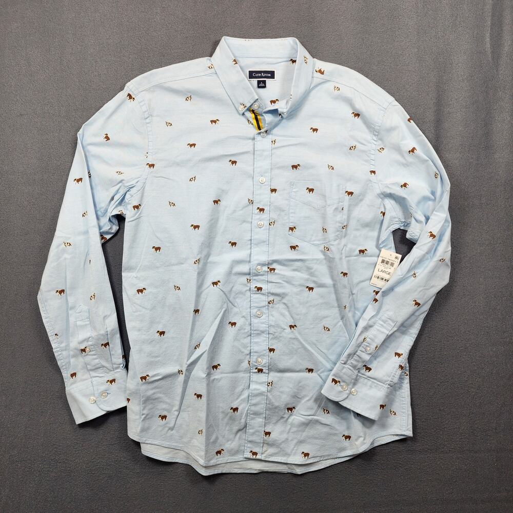 Club Room Mens Shirt Large Blue Dogs Bulldog Novelty Long Sleeve Button Up NEW